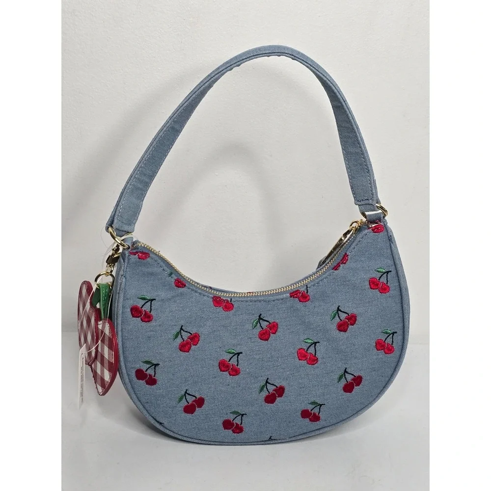 Betsey Johnson Cherry Print Crescent Hobo Bag Rock Chick Purse Denim Blue NEW